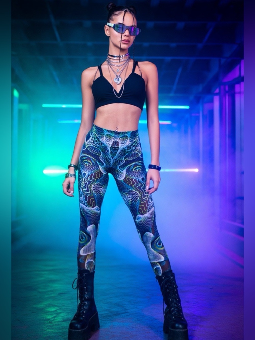 BADINKA Green Blue Sheer Psychedelic Vapor Trance Mesh Leggings Rave Festival